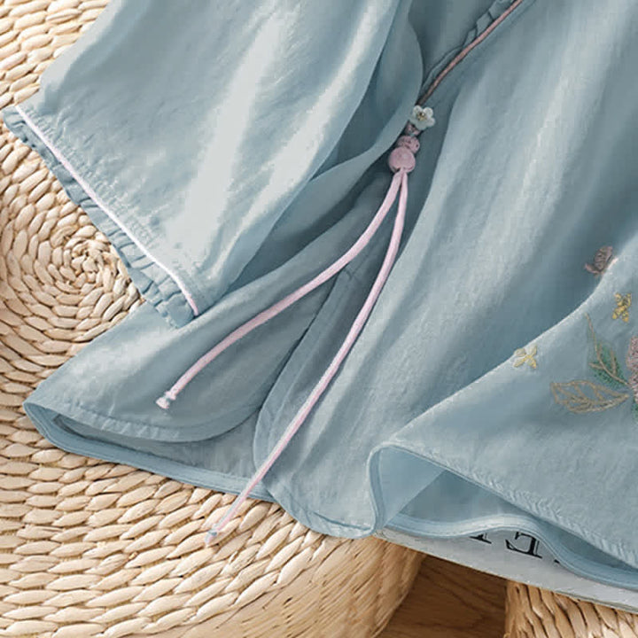 Buddha Stones Chemises à manches 3/4 pour femmes, style Tang, broderie florale vintage, style été - image 23