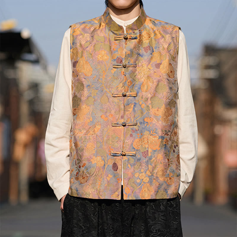 Buddha Stones Gilets pour hommes à poches, style Tang, vintage, col mandarin, boutons brandebourg, imprimé floral, style printemps-été-automne - BurlyWood - US/UK/AU46，EU56 (5XL) - image 0