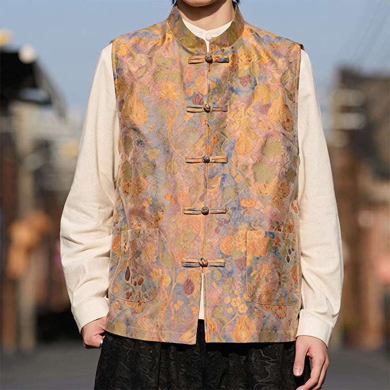 Buddha Stones Gilets pour hommes à poches, style Tang, vintage, col mandarin, boutons brandebourg, imprimé floral, style printemps-été-automne - image 1