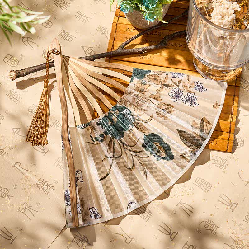 Buddha Stones Éventail pliant en bambou de style chinois, 21 cm, avec pompon et motif floral élégant à l'encre - image 16