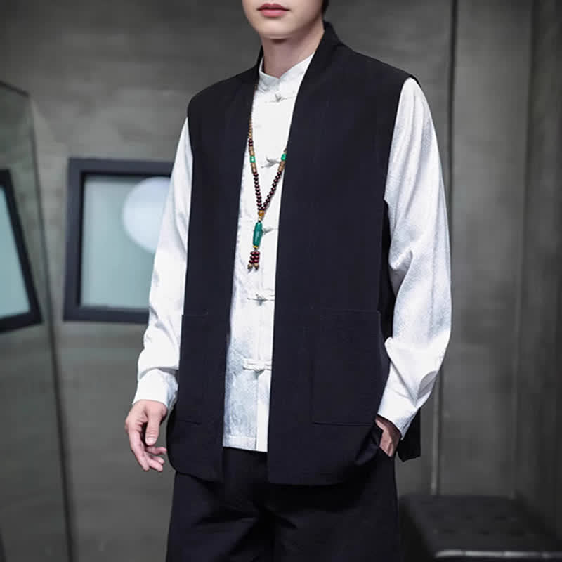 Buddha Stones Gilet homme en coton uni, style Tang, avec poches plaquées, idéal pour le printemps, l'été et l'automne. - image 15