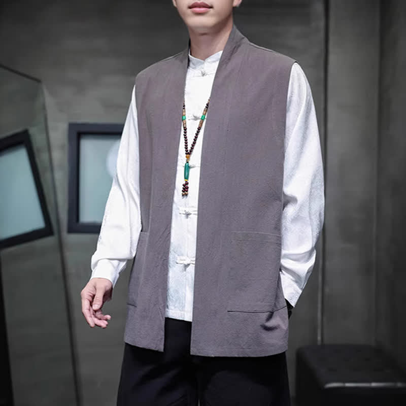 Buddha Stones Gilet homme en coton uni, style Tang, avec poches plaquées, idéal pour le printemps, l'été et l'automne. - image 8