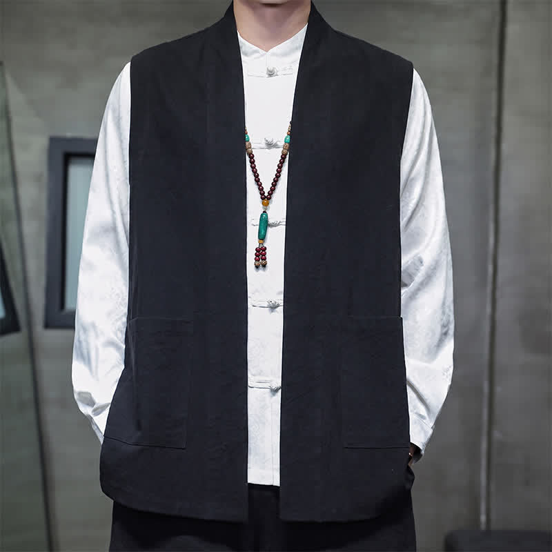 Buddha Stones Gilet homme en coton uni, style Tang, avec poches plaquées, idéal pour le printemps, l'été et l'automne. - Noir - US/UK/AU46，EU56 (5XL) - image 14