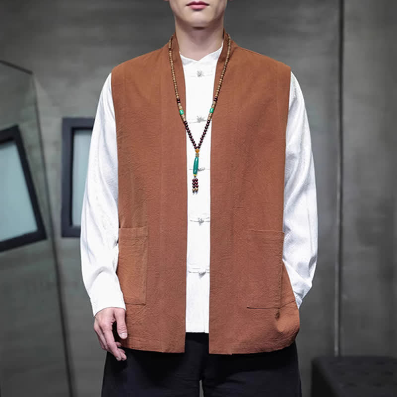 Buddha Stones Gilet homme en coton uni, style Tang, avec poches plaquées, idéal pour le printemps, l'été et l'automne. - Pérou - US/UK/AU46，EU56 (5XL) - image 0