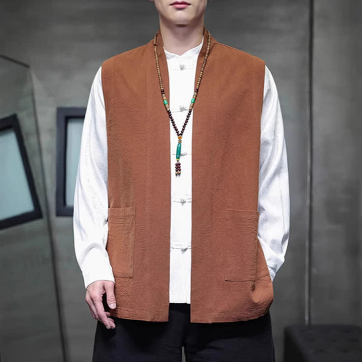 Buddha Stones Gilet homme en coton uni, style Tang, avec poches plaquées, idéal pour le printemps, l'été et l'automne. - Pérou - US/UK/AU46，EU56 (5XL) - image 0