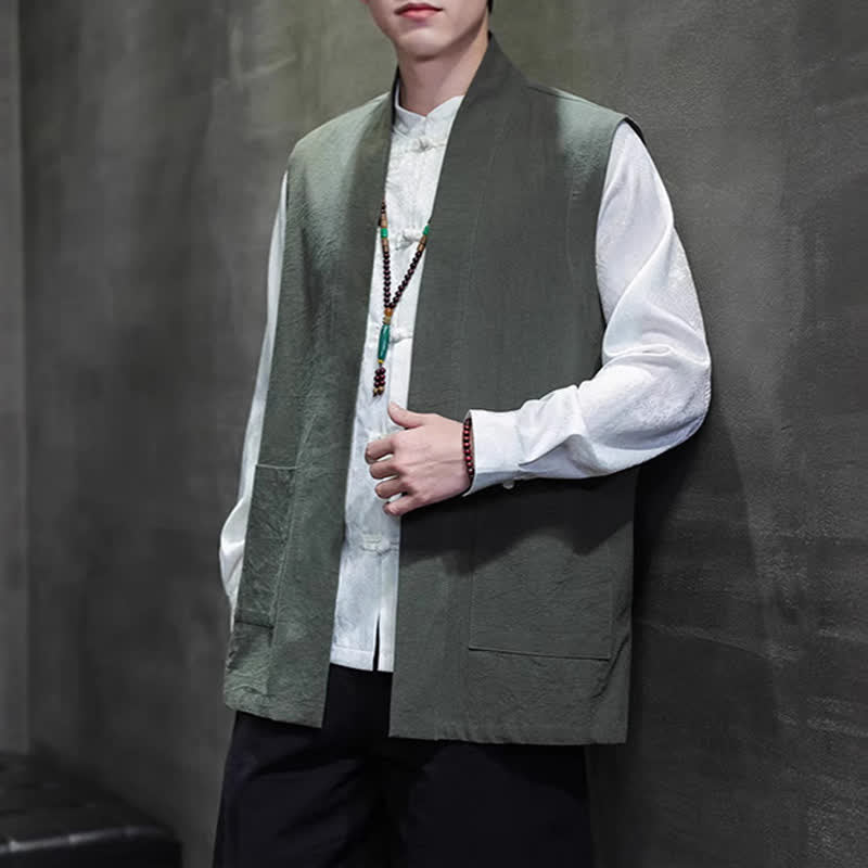 Buddha Stones Gilet homme en coton uni, style Tang, avec poches plaquées, idéal pour le printemps, l'été et l'automne. - Vert olive foncé - US/UK/AU46，EU56 (5XL) - image 24