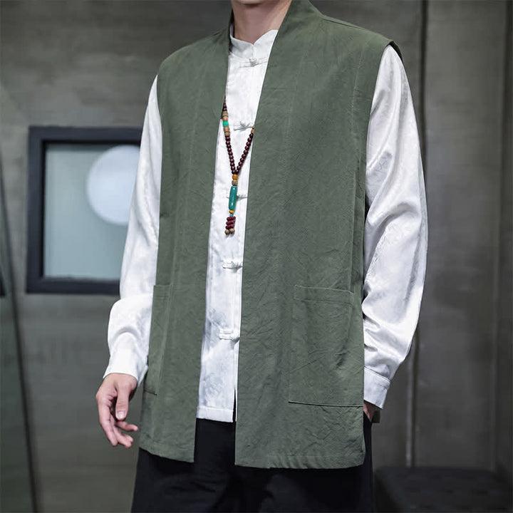 Buddha Stones Gilet homme en coton uni, style Tang, avec poches plaquées, idéal pour le printemps, l'été et l'automne. - image 25