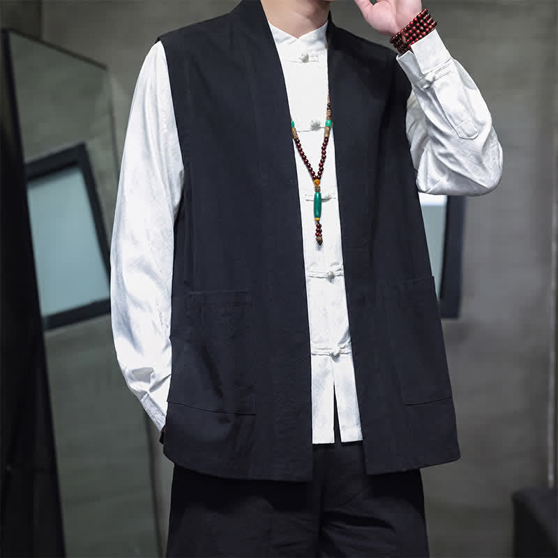 Buddha Stones Gilet homme en coton uni, style Tang, avec poches plaquées, idéal pour le printemps, l'été et l'automne. - image 22