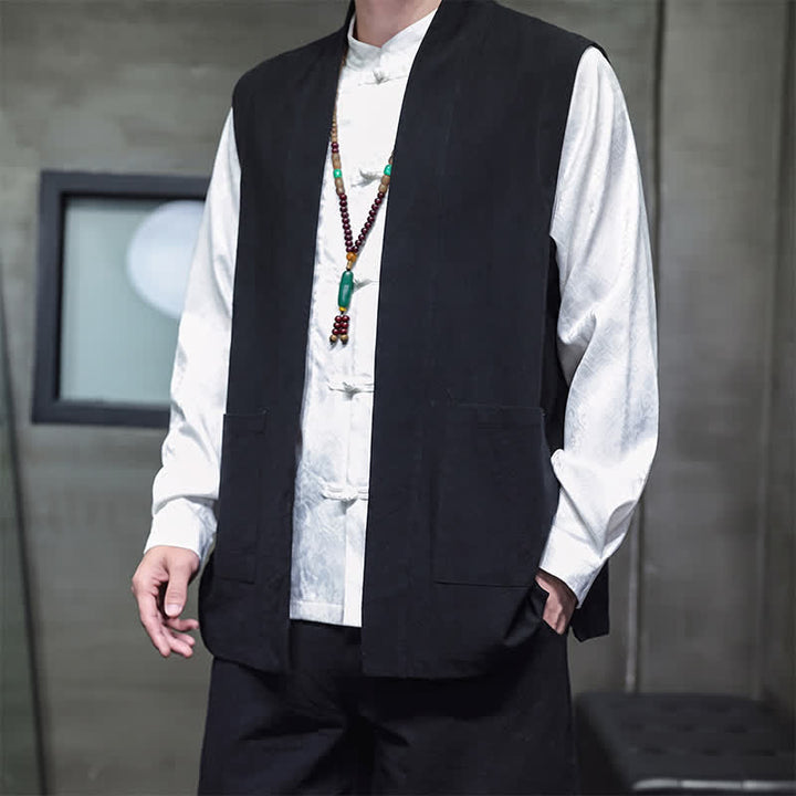 Buddha Stones Gilet homme en coton uni, style Tang, avec poches plaquées, idéal pour le printemps, l'été et l'automne. - image 17