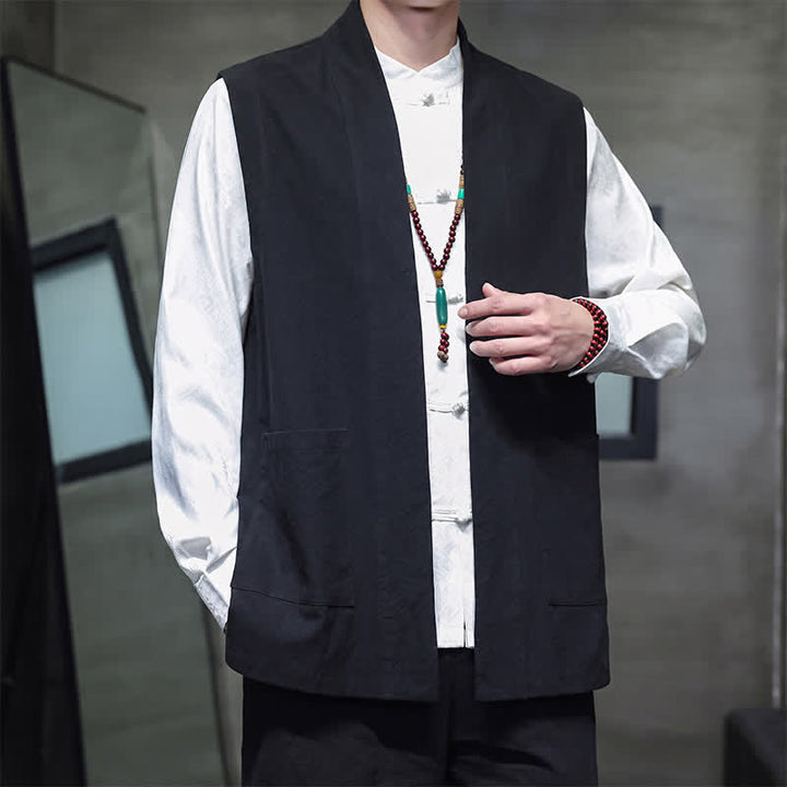 Buddha Stones Gilet homme en coton uni, style Tang, avec poches plaquées, idéal pour le printemps, l'été et l'automne. - image 21
