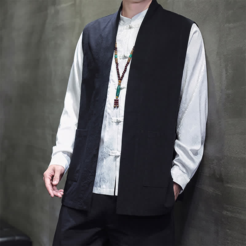 Buddha Stones Gilet homme en coton uni, style Tang, avec poches plaquées, idéal pour le printemps, l'été et l'automne. - image 16