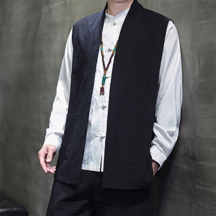 Buddha Stones Gilet homme en coton uni, style Tang, avec poches plaquées, idéal pour le printemps, l'été et l'automne. - image 16