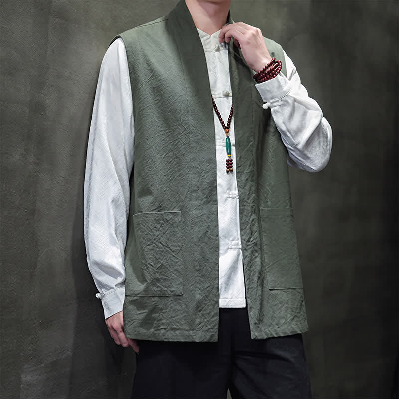 Buddha Stones Gilet homme en coton uni, style Tang, avec poches plaquées, idéal pour le printemps, l'été et l'automne. - image 30