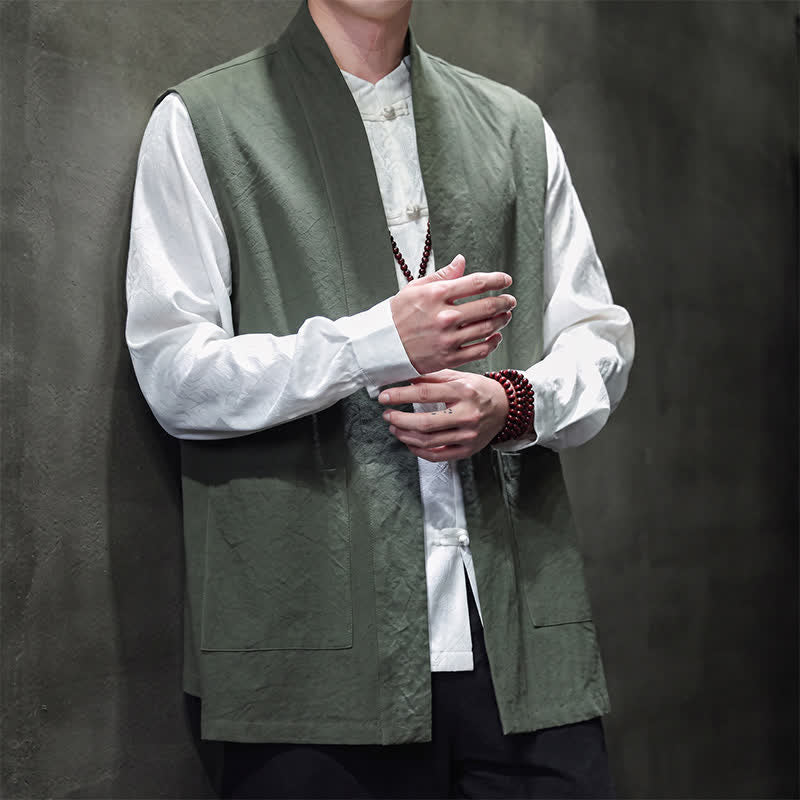 Buddha Stones Gilet homme en coton uni, style Tang, avec poches plaquées, idéal pour le printemps, l'été et l'automne. - image 31