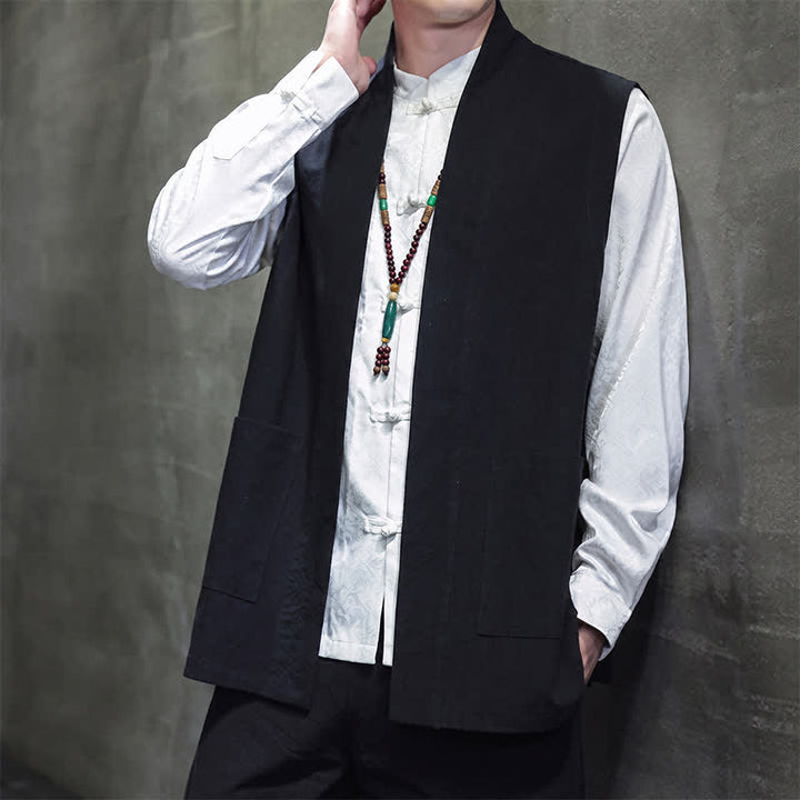 Buddha Stones Gilet homme en coton uni, style Tang, avec poches plaquées, idéal pour le printemps, l'été et l'automne. - image 19