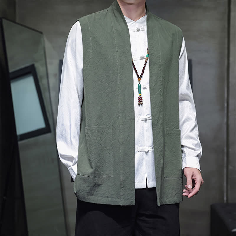 Buddha Stones Gilet homme en coton uni, style Tang, avec poches plaquées, idéal pour le printemps, l'été et l'automne. - image 29