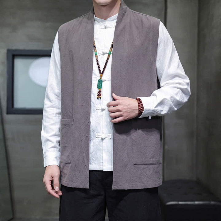 Buddha Stones Gilet homme en coton uni, style Tang, avec poches plaquées, idéal pour le printemps, l'été et l'automne. - image 9