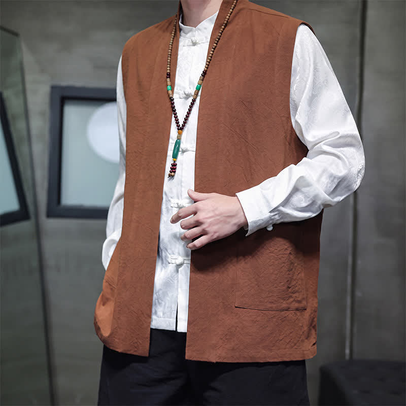 Buddha Stones Gilet homme en coton uni, style Tang, avec poches plaquées, idéal pour le printemps, l'été et l'automne. - image 4