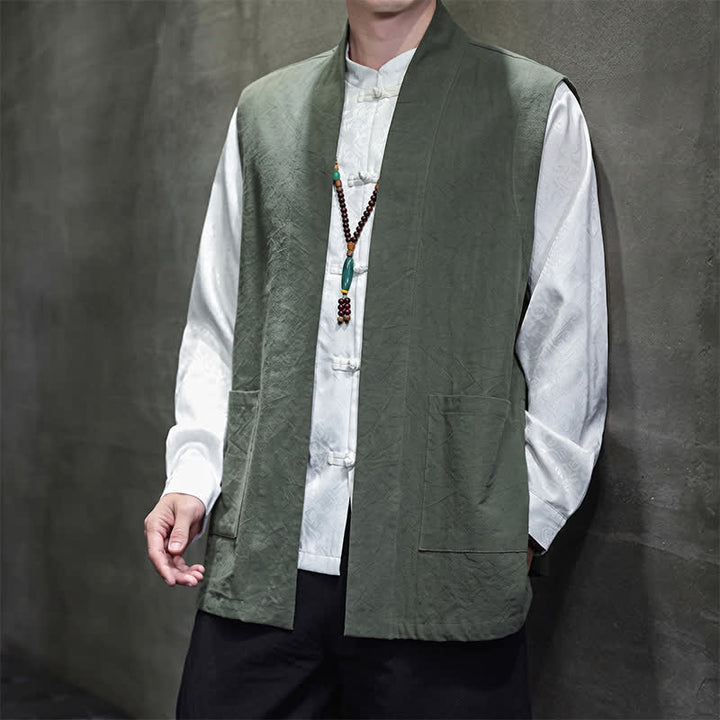 Buddha Stones Gilet homme en coton uni, style Tang, avec poches plaquées, idéal pour le printemps, l'été et l'automne. - image 26