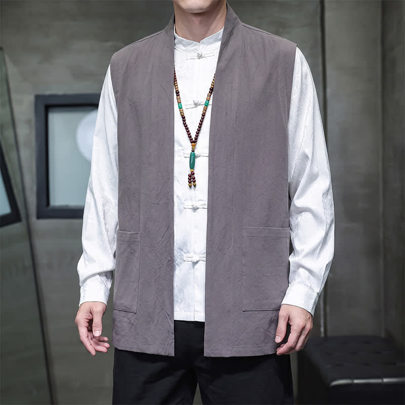 Buddha Stones Gilet homme en coton uni, style Tang, avec poches plaquées, idéal pour le printemps, l'été et l'automne. - image 7