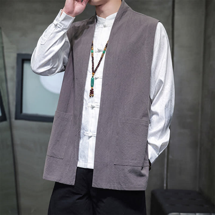 Buddha Stones Gilet homme en coton uni, style Tang, avec poches plaquées, idéal pour le printemps, l'été et l'automne. - image 11