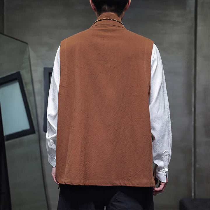Buddha Stones Gilet homme en coton uni, style Tang, avec poches plaquées, idéal pour le printemps, l'été et l'automne. - image 5