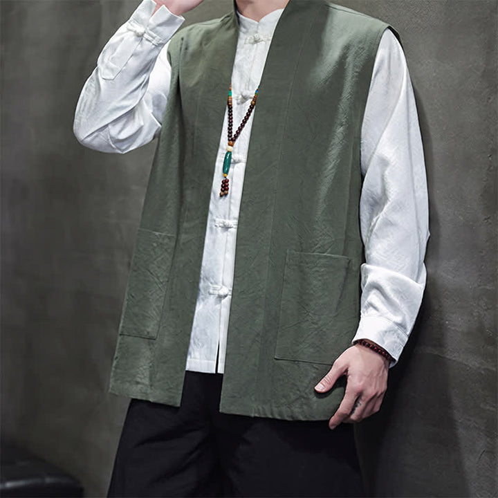 Buddha Stones Gilet homme en coton uni, style Tang, avec poches plaquées, idéal pour le printemps, l'été et l'automne. - image 27