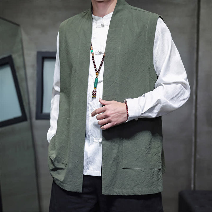 Buddha Stones Gilet homme en coton uni, style Tang, avec poches plaquées, idéal pour le printemps, l'été et l'automne. - image 28