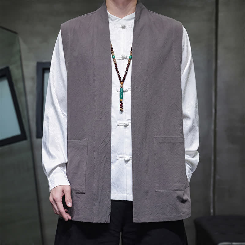 Buddha Stones Gilet homme en coton uni, style Tang, avec poches plaquées, idéal pour le printemps, l'été et l'automne. - Gris - US/UK/AU46，EU56 (5XL) - image 6