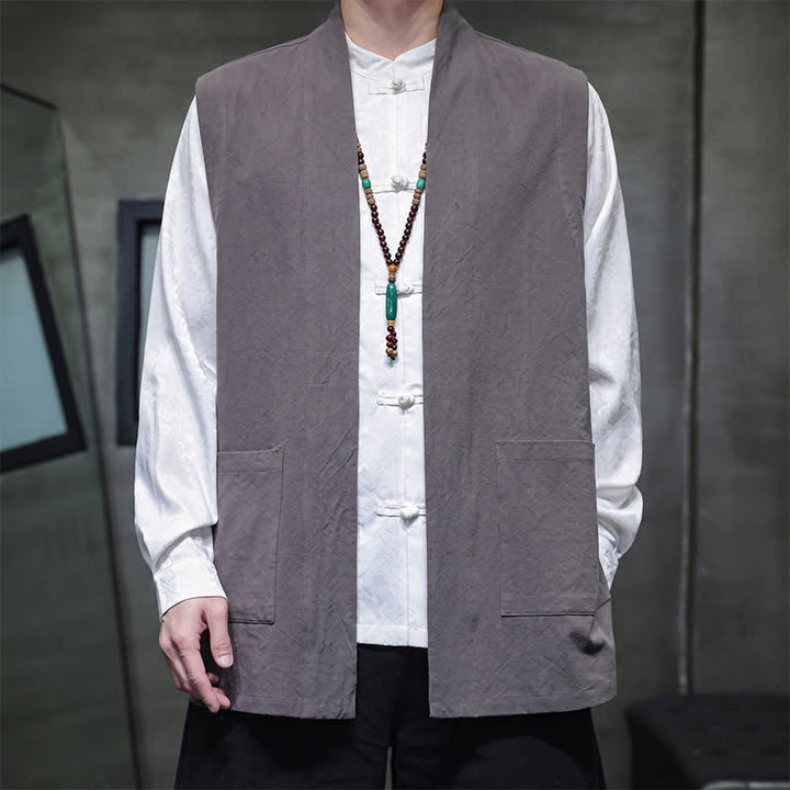 Buddha Stones Gilet homme en coton uni, style Tang, avec poches plaquées, idéal pour le printemps, l'été et l'automne. - Gris - US/UK/AU46，EU56 (5XL) - image 6
