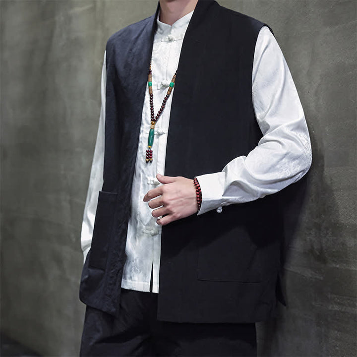 Buddha Stones Gilet homme en coton uni, style Tang, avec poches plaquées, idéal pour le printemps, l'été et l'automne. - image 20
