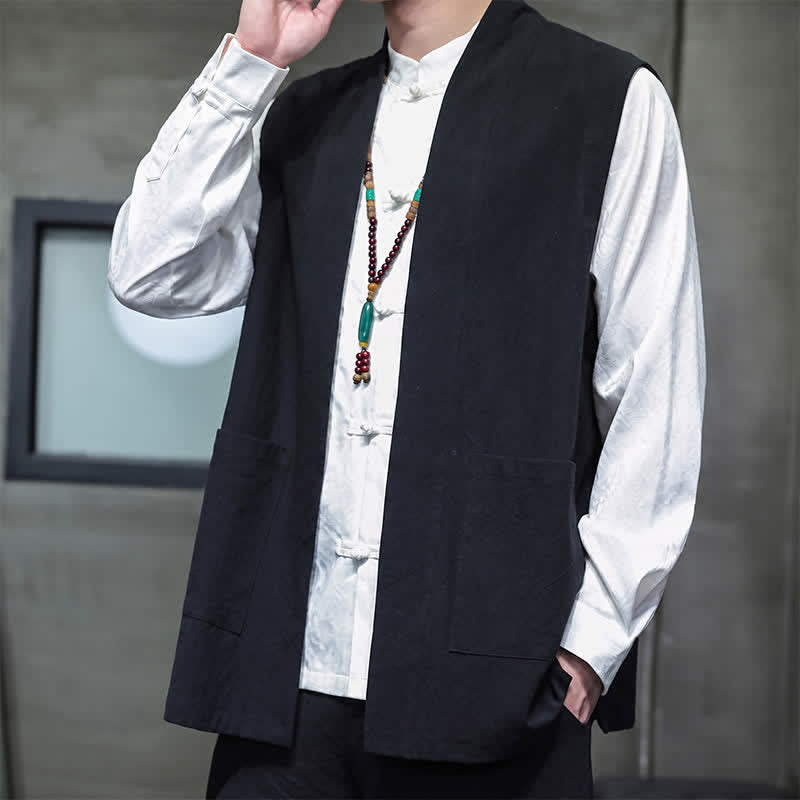 Buddha Stones Gilet homme en coton uni, style Tang, avec poches plaquées, idéal pour le printemps, l'été et l'automne. - image 18
