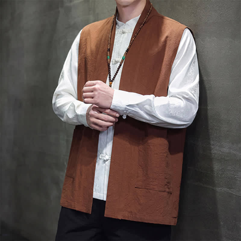 Buddha Stones Gilet homme en coton uni, style Tang, avec poches plaquées, idéal pour le printemps, l'été et l'automne. - image 2