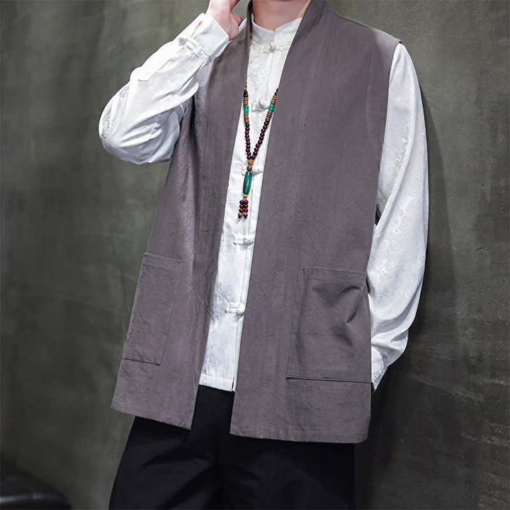 Buddha Stones Gilet homme en coton uni, style Tang, avec poches plaquées, idéal pour le printemps, l'été et l'automne. - image 10