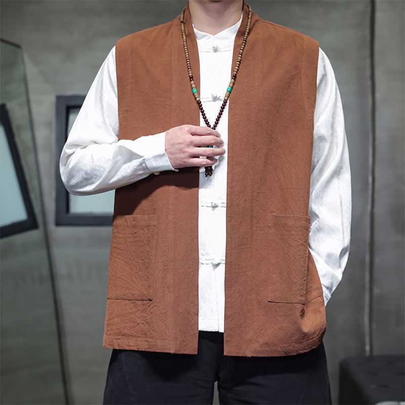 Buddha Stones Gilet homme en coton uni, style Tang, avec poches plaquées, idéal pour le printemps, l'été et l'automne. - image 1