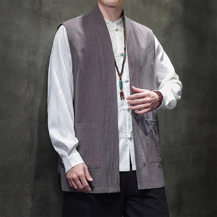 Buddha Stones Gilet homme en coton uni, style Tang, avec poches plaquées, idéal pour le printemps, l'été et l'automne. - image 13