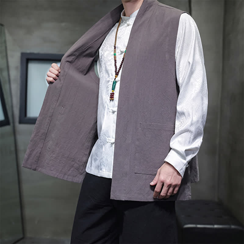 Buddha Stones Gilet homme en coton uni, style Tang, avec poches plaquées, idéal pour le printemps, l'été et l'automne. - image 12