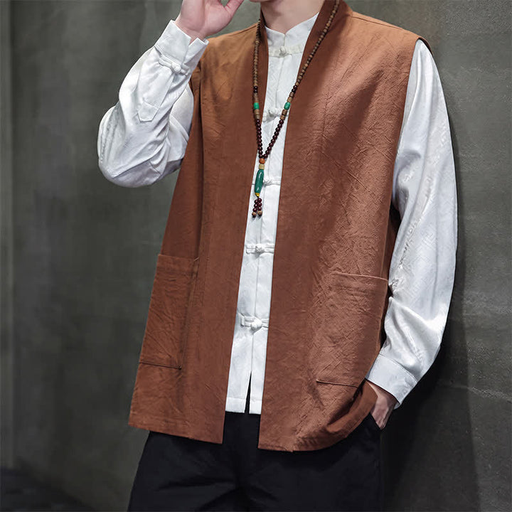 Buddha Stones Gilet homme en coton uni, style Tang, avec poches plaquées, idéal pour le printemps, l'été et l'automne. - image 3