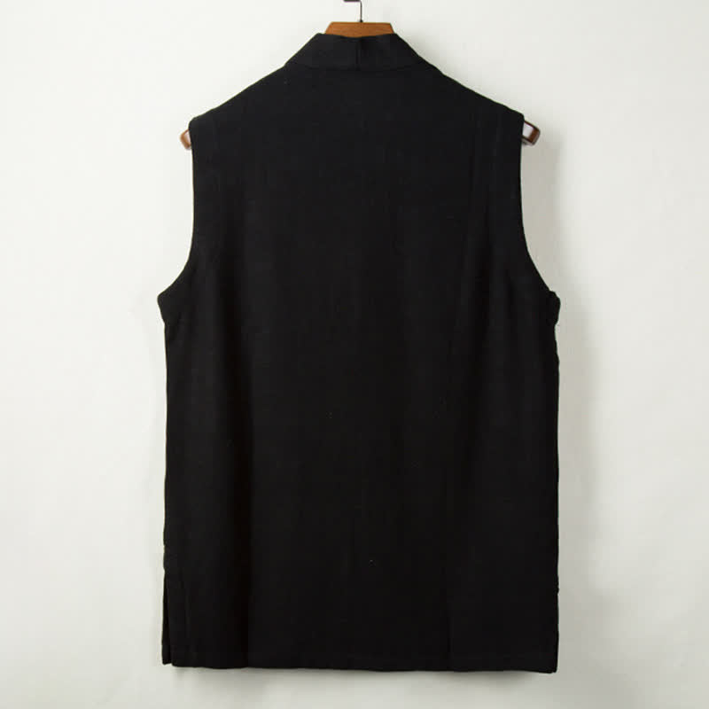 Buddha Stones Gilet homme style Tang minimaliste à boutons grenouille, en coton et lin unis, avec poche, idéal pour le printemps, l'été et l'automne. - image 3