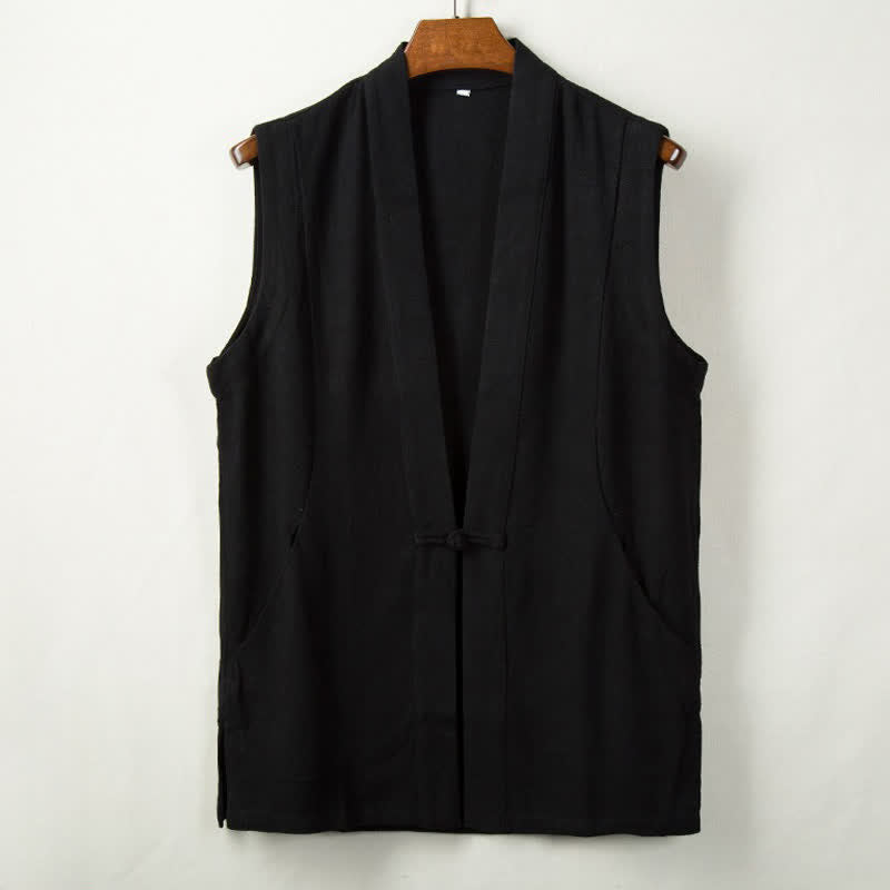 Buddha Stones Gilet homme style Tang minimaliste à boutons grenouille, en coton et lin unis, avec poche, idéal pour le printemps, l'été et l'automne. - Noir - US/UK/AU44，EU54 (4XL) - image 2