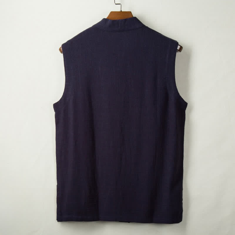 Buddha Stones Gilet homme style Tang minimaliste à boutons grenouille, en coton et lin unis, avec poche, idéal pour le printemps, l'été et l'automne. - image 5