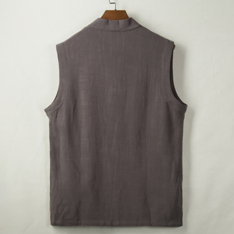 Buddha Stones Gilet homme style Tang minimaliste à boutons grenouille, en coton et lin unis, avec poche, idéal pour le printemps, l'été et l'automne. - image 1
