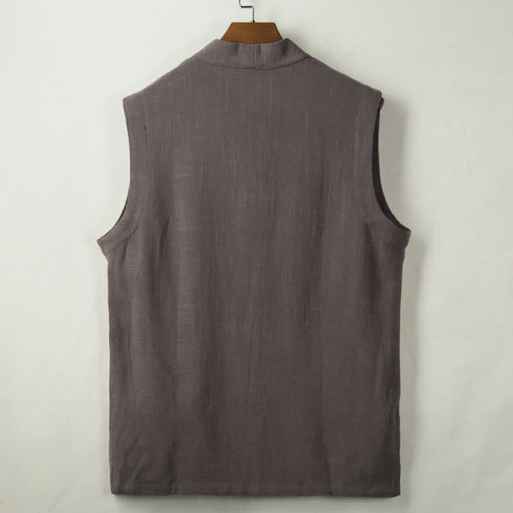 Buddha Stones Gilet homme style Tang minimaliste à boutons grenouille, en coton et lin unis, avec poche, idéal pour le printemps, l'été et l'automne. - image 1