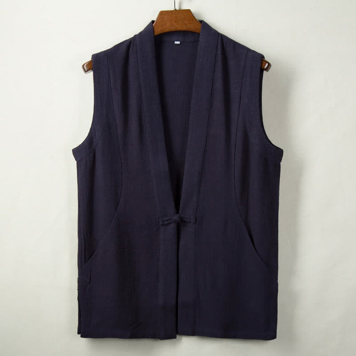 Buddha Stones Gilet homme style Tang minimaliste à boutons grenouille, en coton et lin unis, avec poche, idéal pour le printemps, l'été et l'automne. - Bleu nuit - US/UK/AU44，EU54 (4XL) - image 4