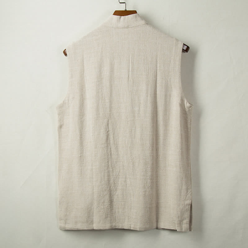 Buddha Stones Gilet homme style Tang minimaliste à boutons grenouille, en coton et lin unis, avec poche, idéal pour le printemps, l'été et l'automne. - image 7