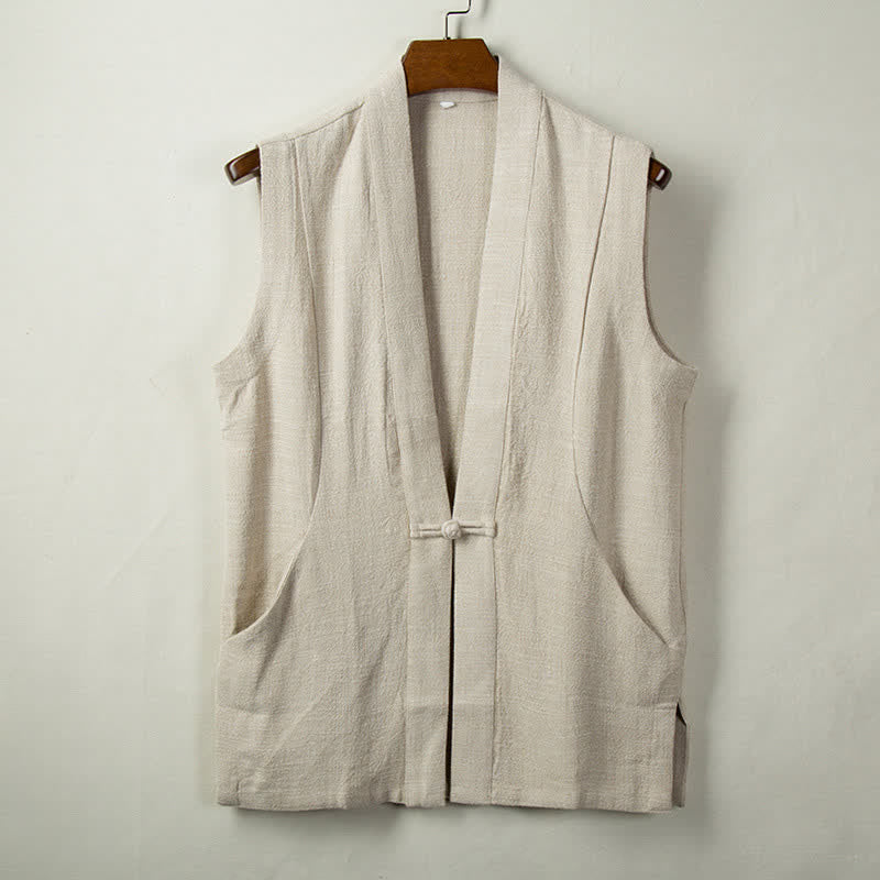 Buddha Stones Gilet homme style Tang minimaliste à boutons grenouille, en coton et lin unis, avec poche, idéal pour le printemps, l'été et l'automne. - Beige - US/UK/AU44，EU54 (4XL) - image 6