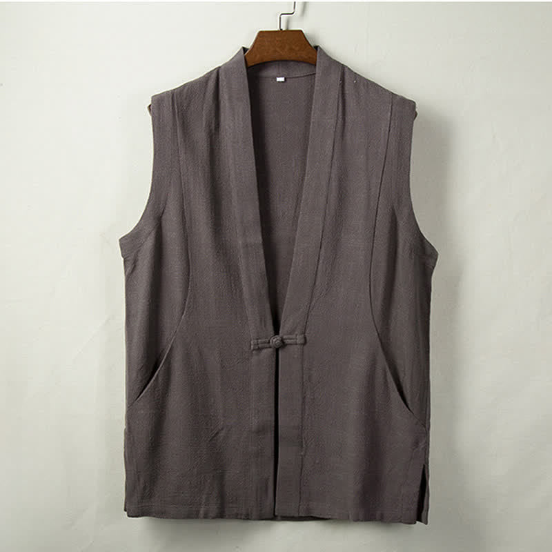 Buddha Stones Gilet homme style Tang minimaliste à boutons grenouille, en coton et lin unis, avec poche, idéal pour le printemps, l'été et l'automne. - Gris terne - US/UK/AU44，EU54 (4XL) - image 0