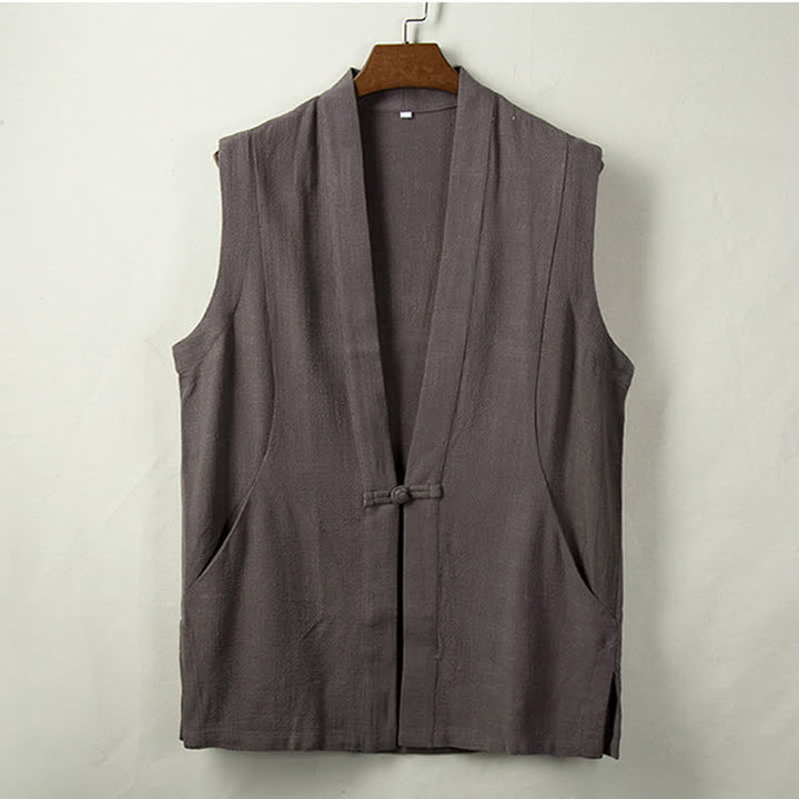 Buddha Stones Gilet homme style Tang minimaliste à boutons grenouille, en coton et lin unis, avec poche, idéal pour le printemps, l'été et l'automne. - Gris terne - US/UK/AU44，EU54 (4XL) - image 0