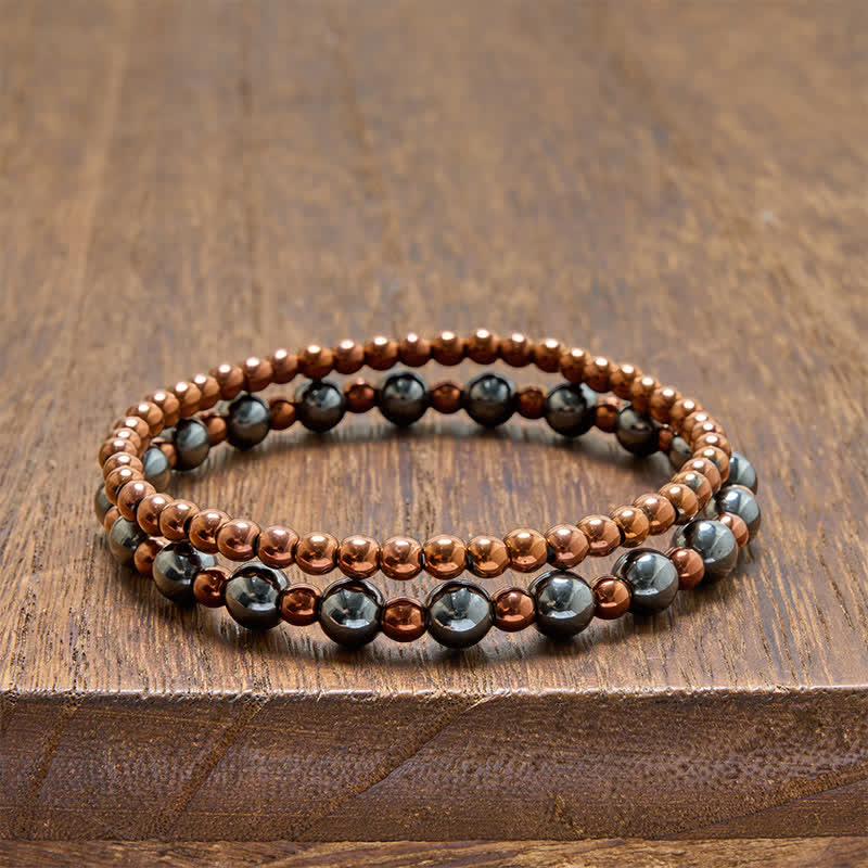 Buddha Stones Bracelet minimaliste à perles rondes en hématite (lot de 2) - Ensemble de 2 pièces (Tour de poignet : 14–15 cm) - image 0