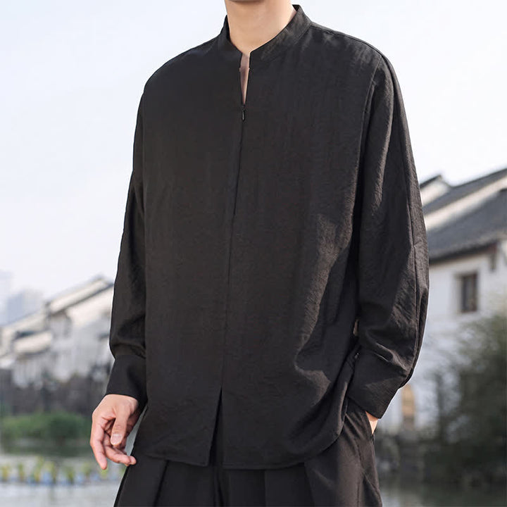 Buddha Stones Chemises à manches longues pour hommes, style minimaliste décontracté printemps-été, col mandarin, unies - image 13